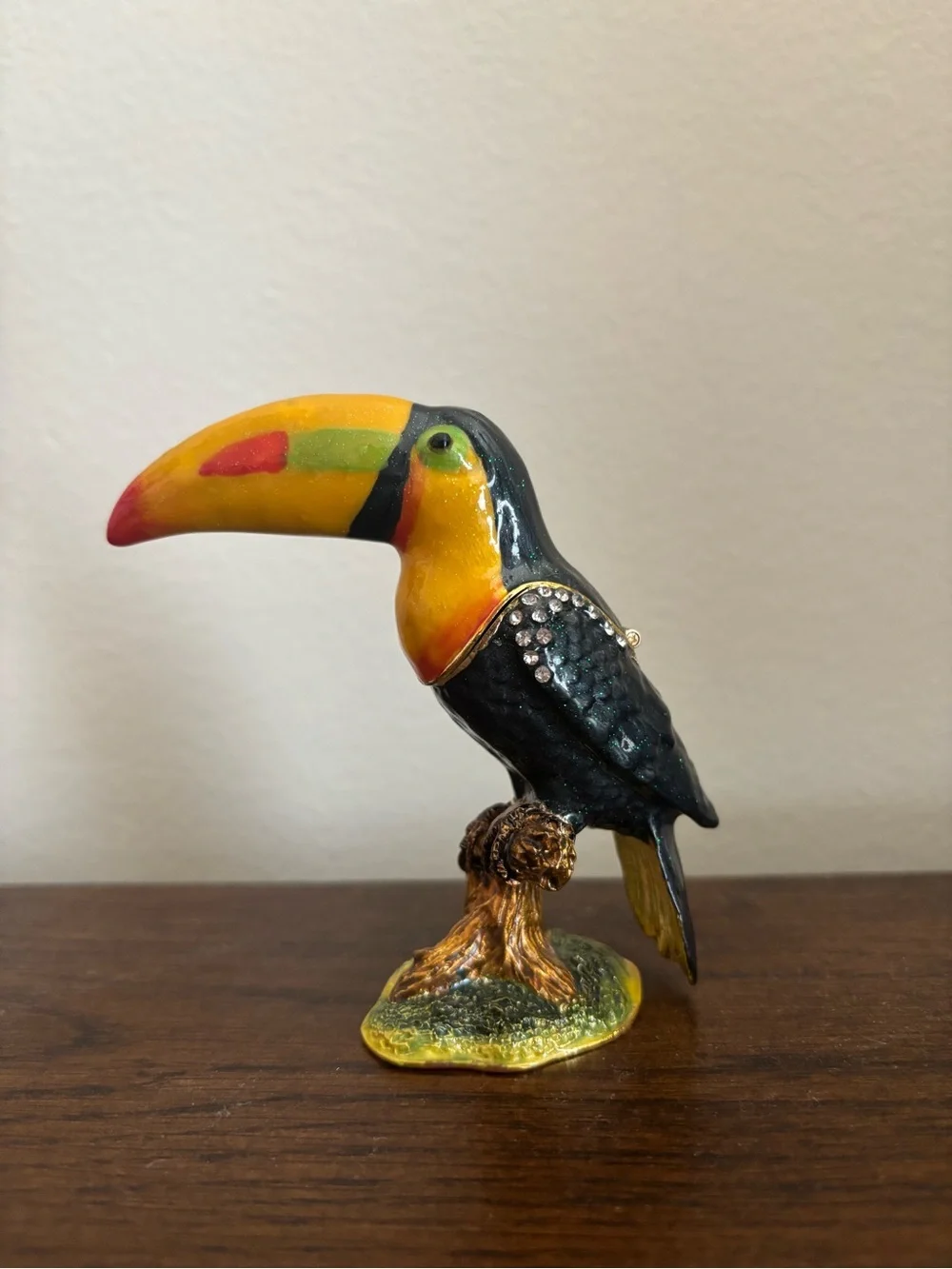 Toucan Enameled Crystal Jeweled Trinket Box